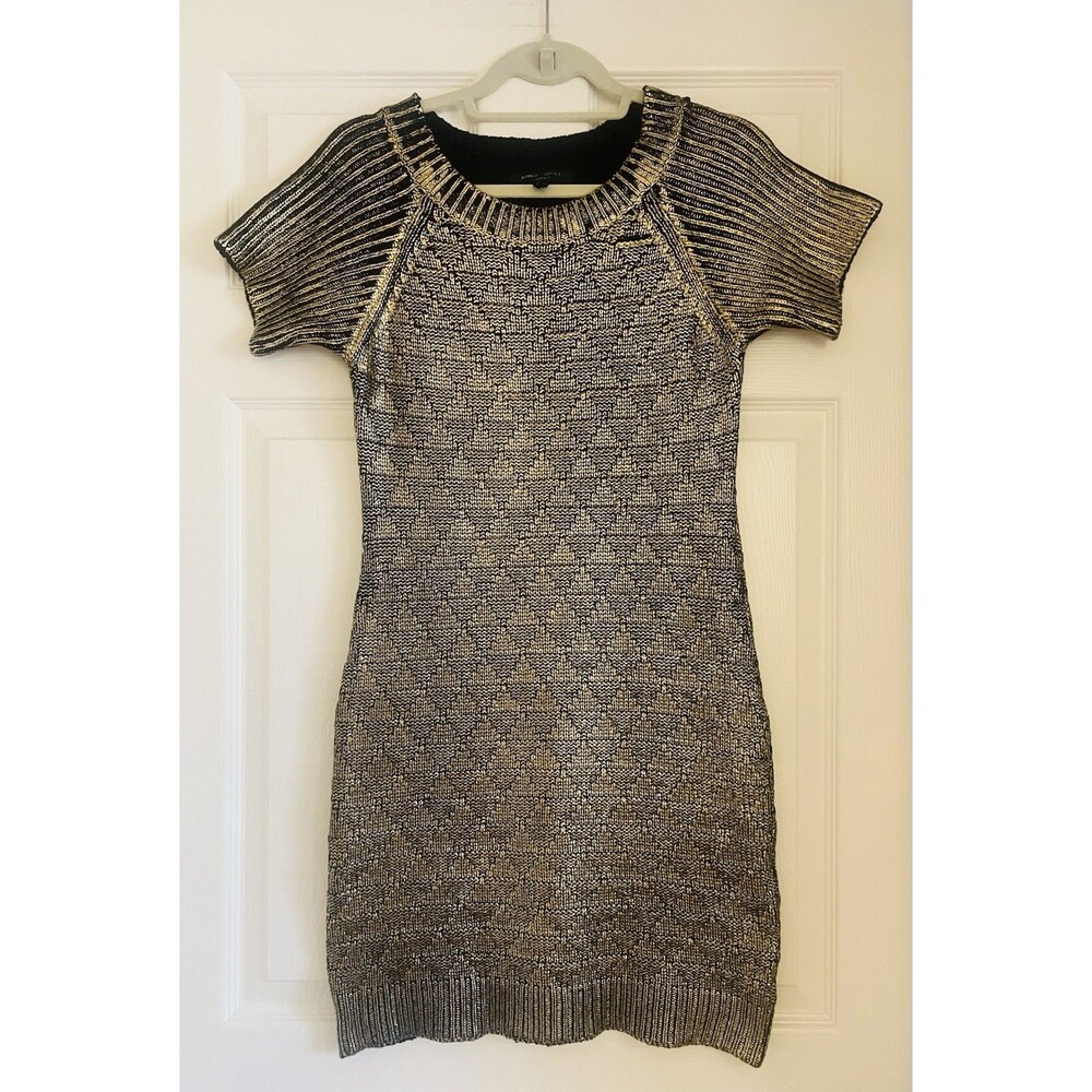 Romeo & Juliet Couture Metallic Gold Knit Dress Sz S Bodycon Mini Party Retro